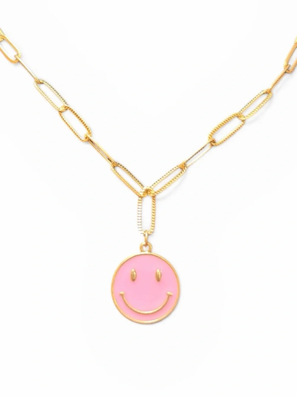 Gold plated Chain Necklace with Pink Smiley face Pendant - Picture 1 of 4